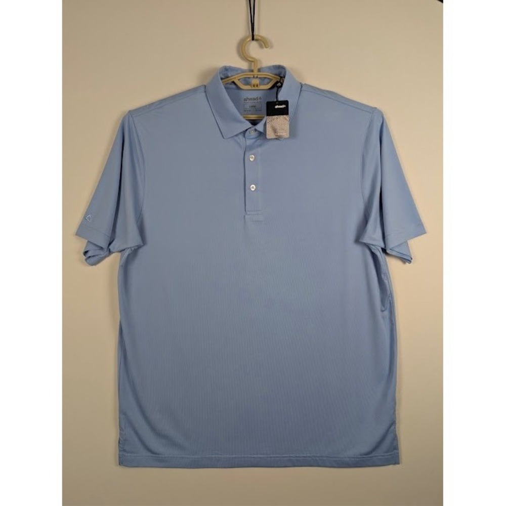 NEW Ahead USA Performance Polo Mens L Blue Short Sleeve Stretch Golf Shirt